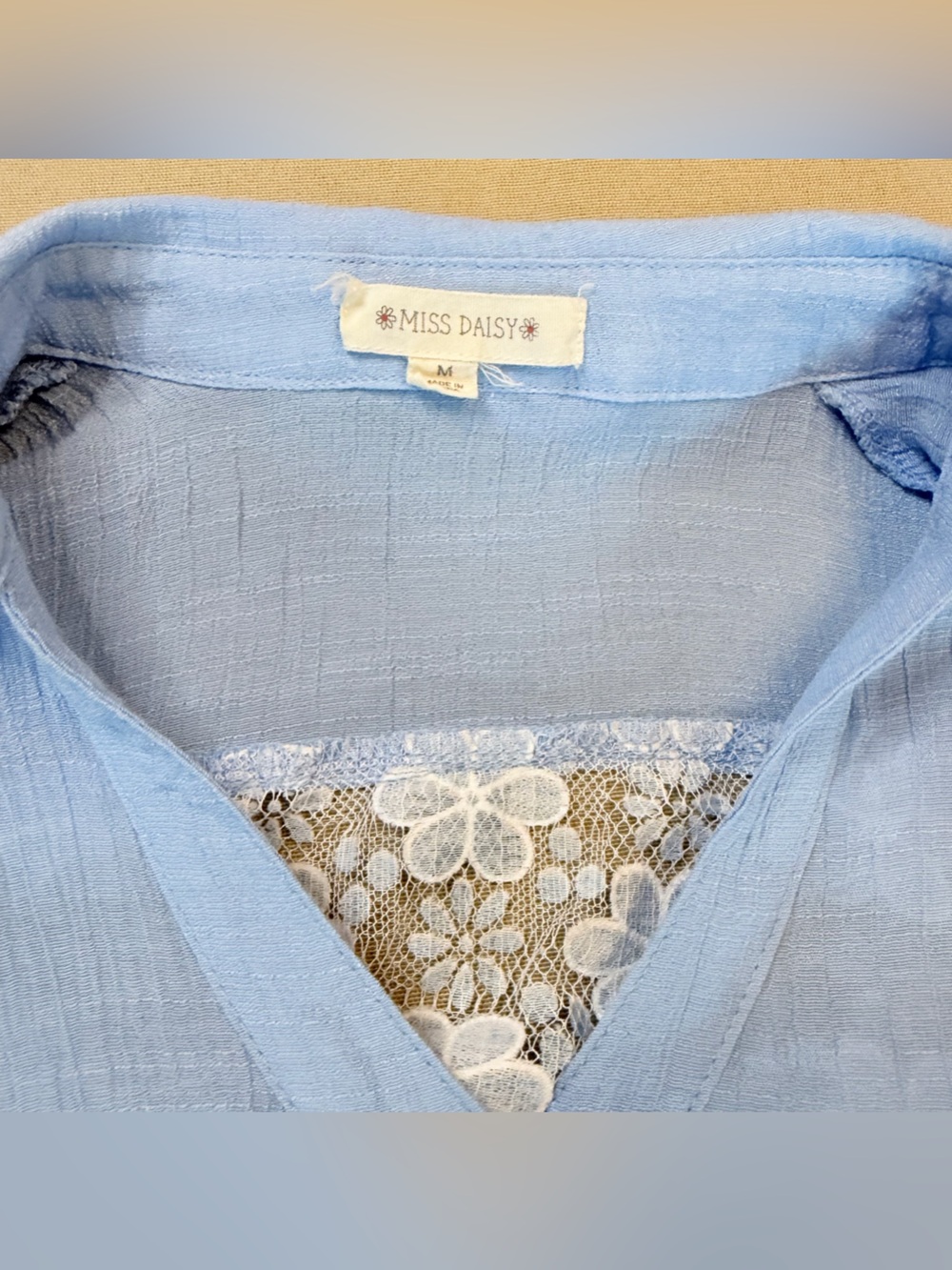 Light Blue Button-Down Women's Shirt with Floral Lace Insets - Picture 3 of 7